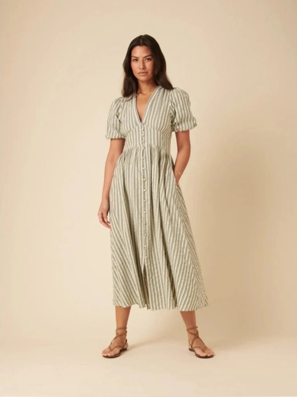 nobody's child Green Pinstriped Starlight Midaxi Dress EUC US 6 100% cotton